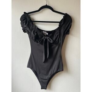 Princess Polly Black Puff Sleeve Bodysuit Tie Front Milkmaid Top Size US 2